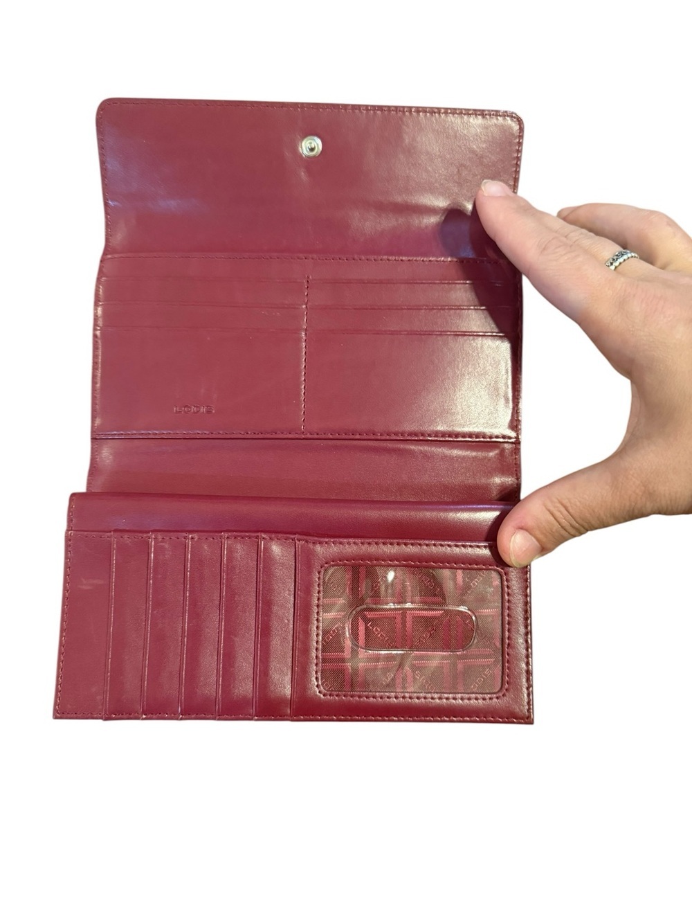 Lodis Bright Fuchsia Leather Flap Clutch with Subtle Embossed Logo - Picture 6 of 7